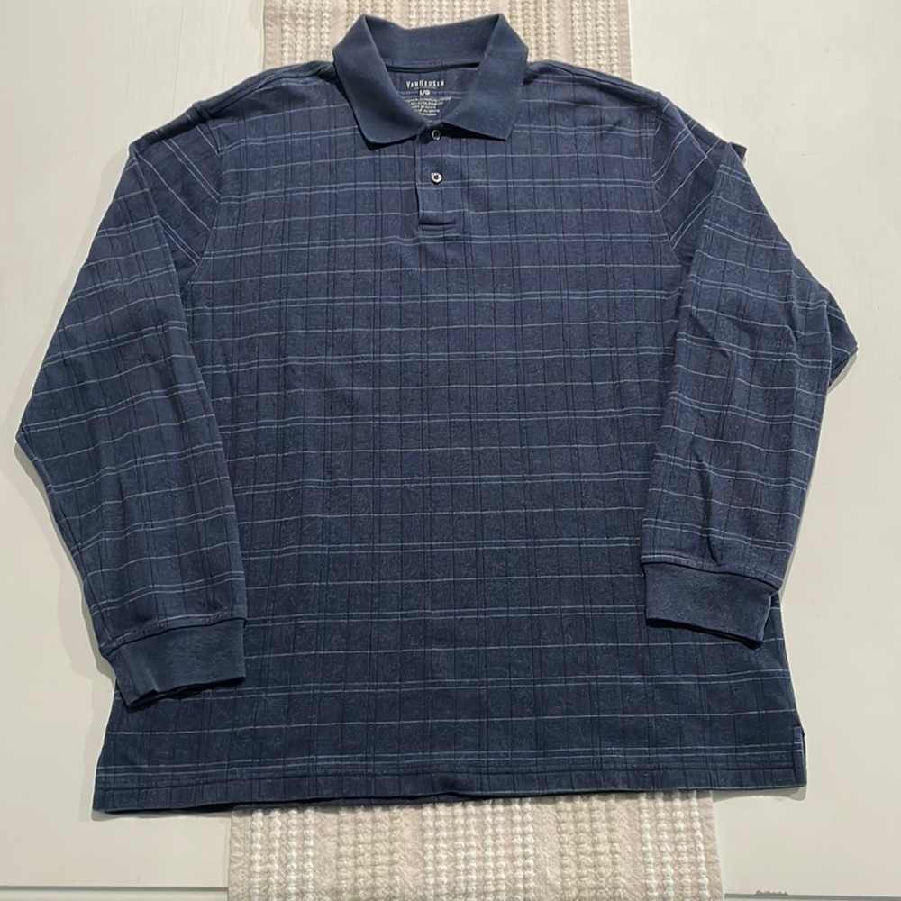 Van Heusen dark blue window pane longsleeve polo. Men's L. Excellent condition.